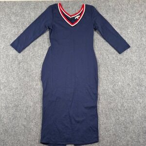 Charlotte Russe Medium Navy Blue Bodycon Midi Dress Long Sleeve Red Trim Women's